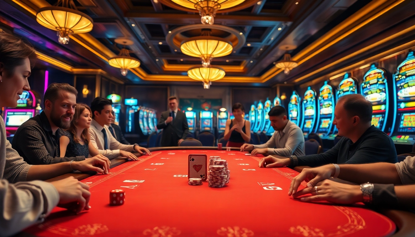 LC88 gaming table filled with poker chips and cards, showcasing excitement in a luxurious casino setting.