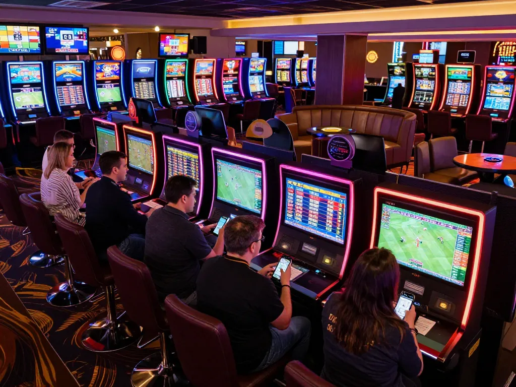 Sports betting excitement at https://fabet11.sa.com/ with players engaged in live betting, vibrant screens, and electrifying atmosphere.
