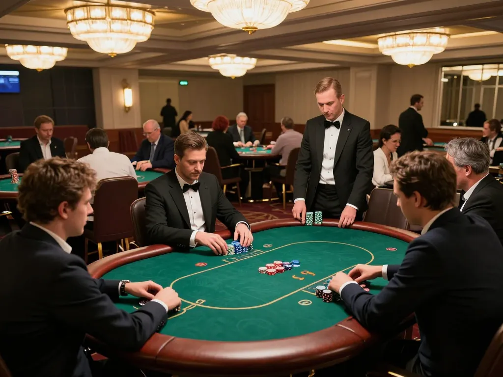 Players engaging in a strategic poker tournament at an upscale casino, showcasing gaming intensity and atmosphere at https://777x.bid/.