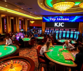 Exciting gaming floor with Tập Đoàn KJC logo, roulette wheels, and poker players engaged in action.