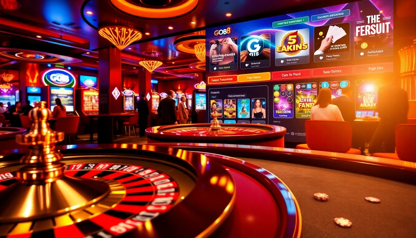Experience thrilling casino action at Go8 with poker chips, roulette wheels, and excited players.