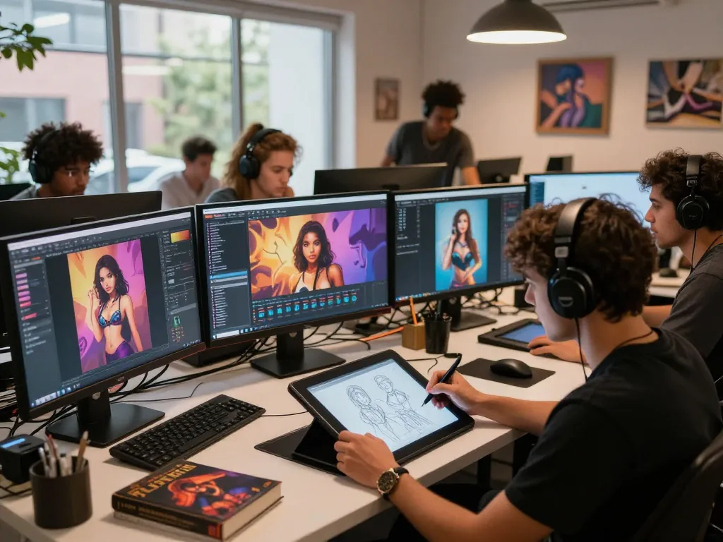 Team of artists creating innovative AI porn content in a dynamic digital studio.