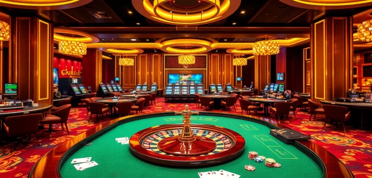 Experience excitement at c168okvip1.com with a vibrant casino scene filled with roulette wheels and poker tables.