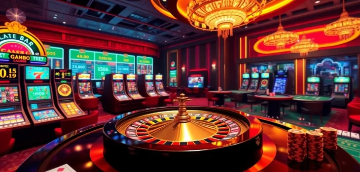 Experience thrilling online gambling at https://jun88.now/ with vibrant casino visuals featuring slot machines and a roulette wheel.