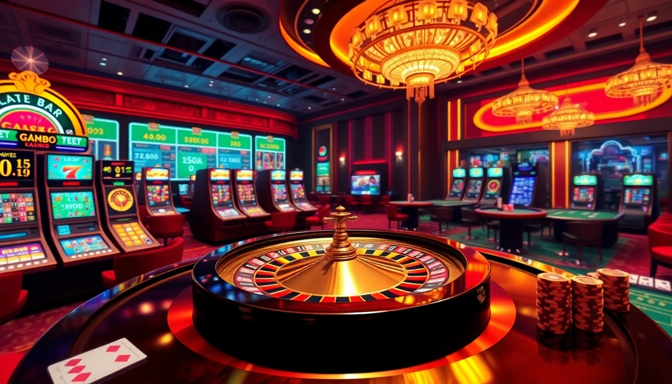 Experience thrilling online gambling at https://jun88.now/ with vibrant casino visuals featuring slot machines and a roulette wheel.