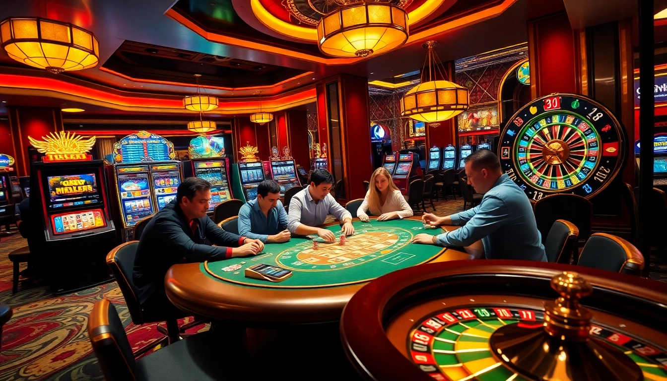 Experience the excitement at KK55 with players at a poker table in a luxurious casino setting.