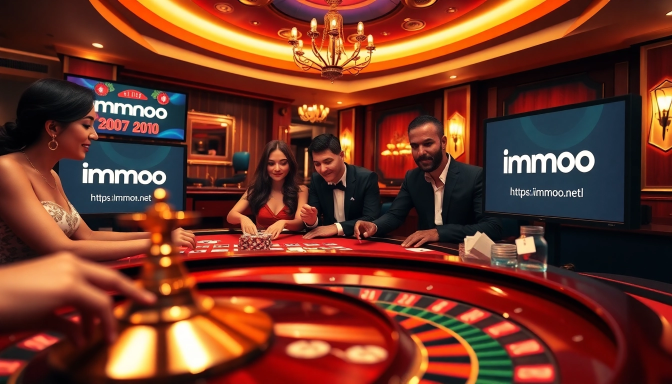 Experience the excitement of online gaming at https://immoo.net/, featuring a vibrant casino scene with roulette and poker at play.