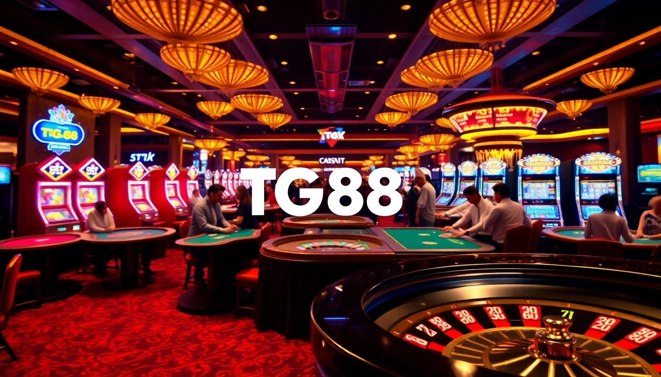 Exciting casino experience at TG88 featuring poker tables and a spinning roulette wheel.