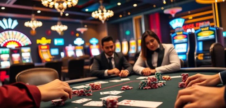 Poker players enjoying a high-stakes game at https://pub88.in.net/, showcasing vibrant casino atmosphere and luxury.