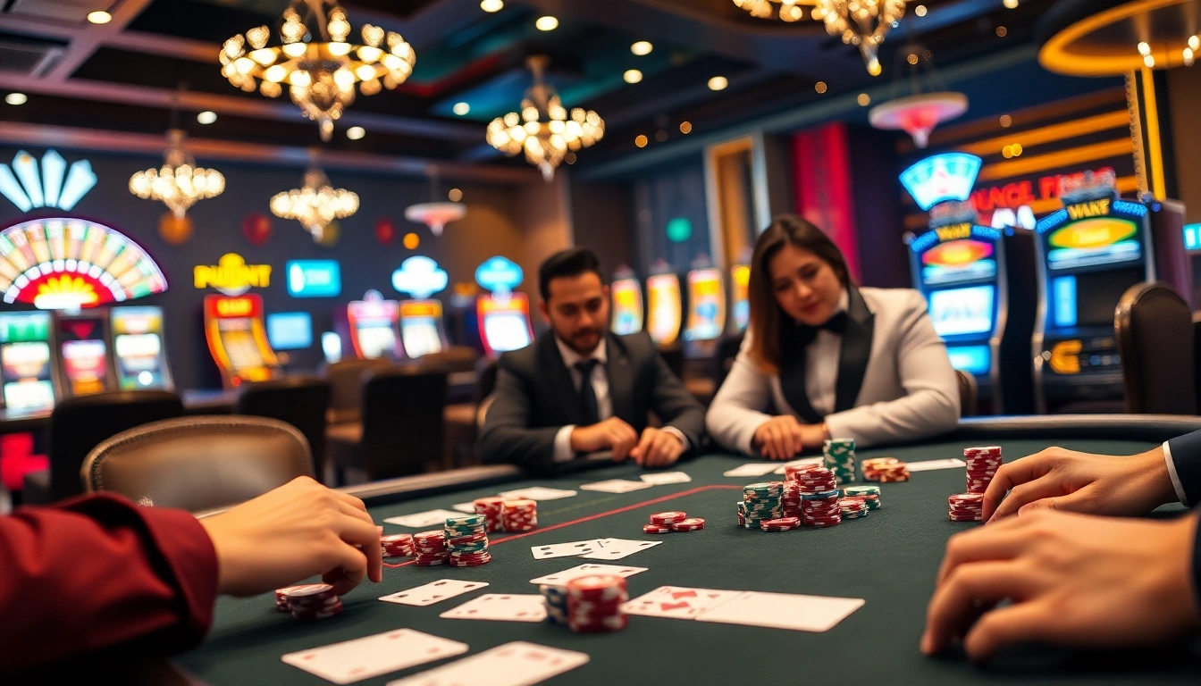Poker players enjoying a high-stakes game at https://pub88.in.net/, showcasing vibrant casino atmosphere and luxury.