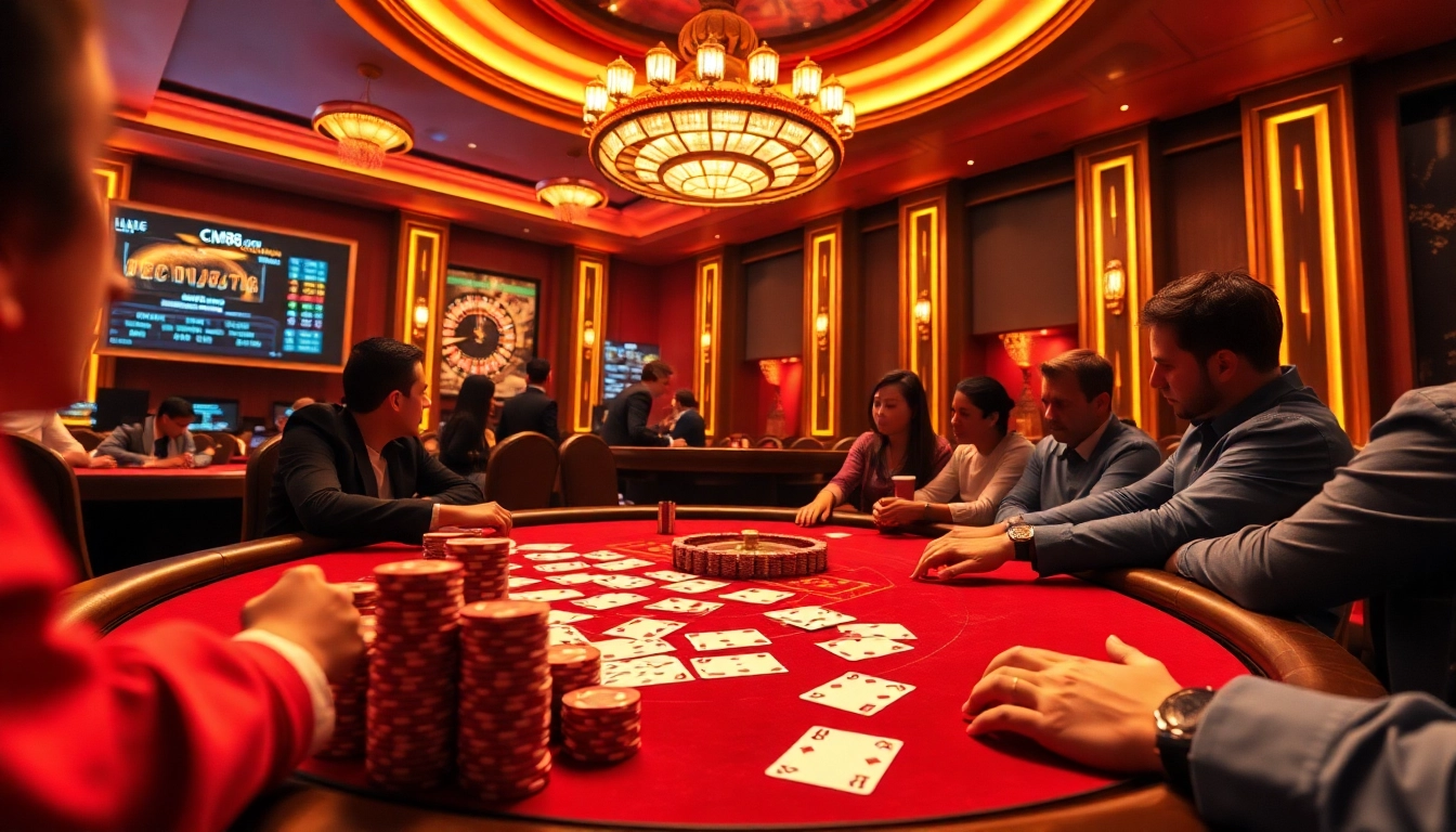 Experience a thrilling poker game at CM88's luxurious casino environment.