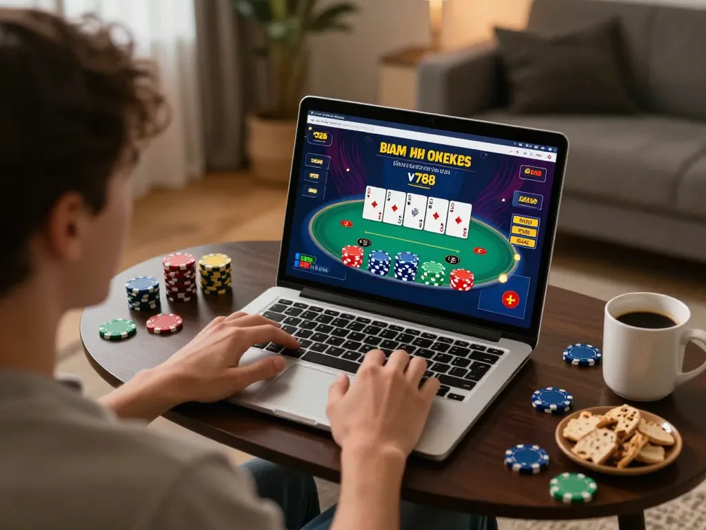 Engaging in online casino games at home with v788 interface visible on screen, cozy setup promoting responsible gaming.