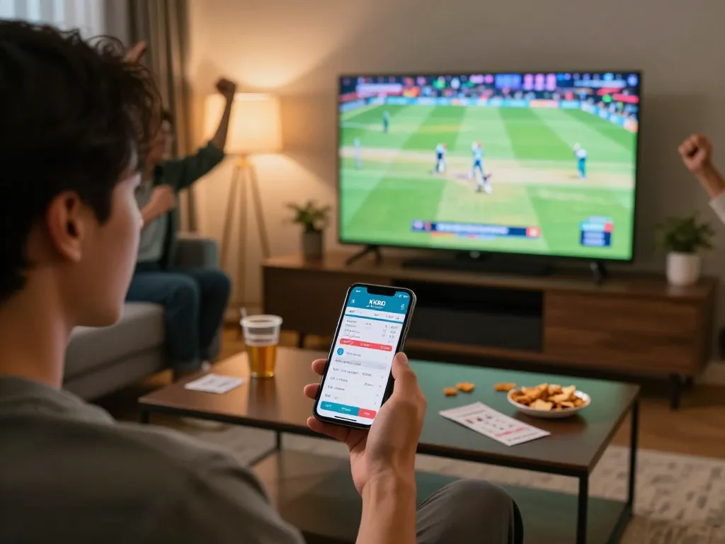 Excited sports bettor using the KKBD app to place bets on a cricket match at home.