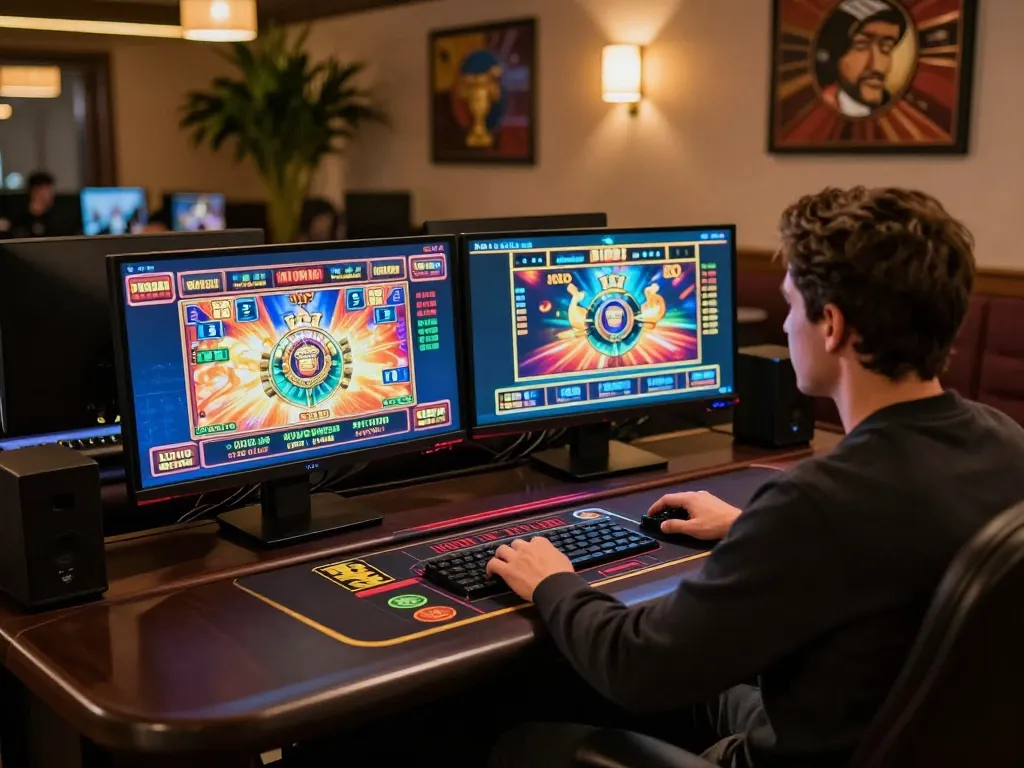 Player engaging with 789club online casino, focusing on vibrant slots and live dealer games at home