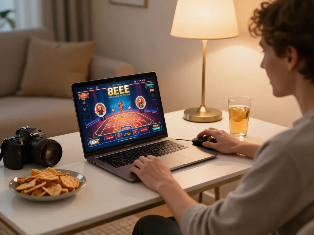 Engaging gameplay on the 8EEE plataforma in a cozy home setting, showcasing an immersive online gambling experience.