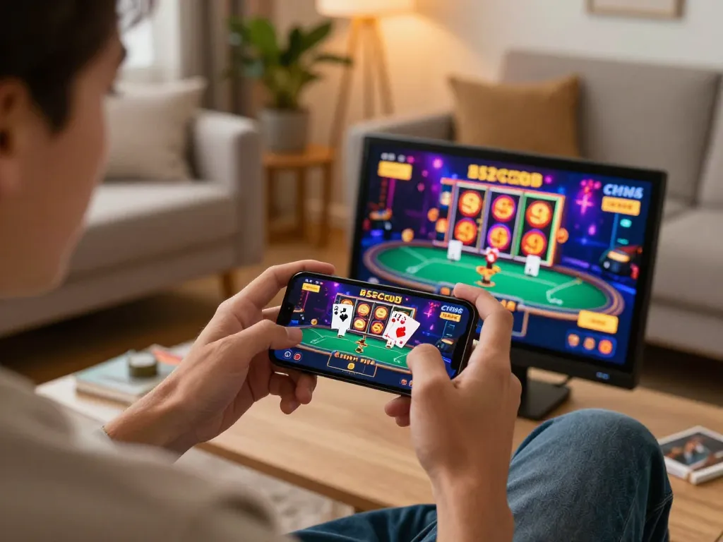B52club mobile gaming experience with a player engaged in poker on smartphone, showcasing excitement and strategy.