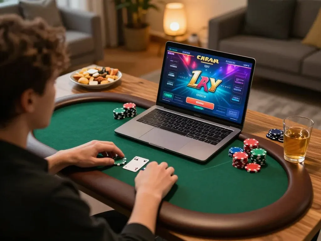 Go99 player engaging in strategic online poker game with vibrant atmosphere and cozy setup.