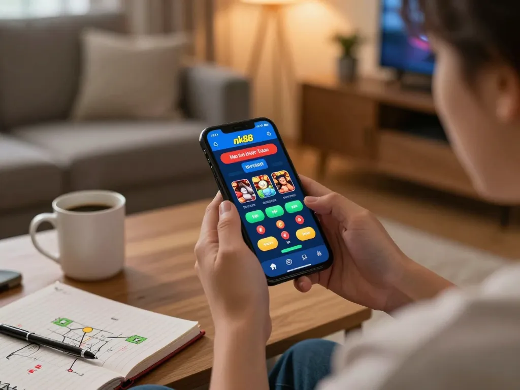Engaging with the nk88 casino app on a smartphone in a cozy living room setting.