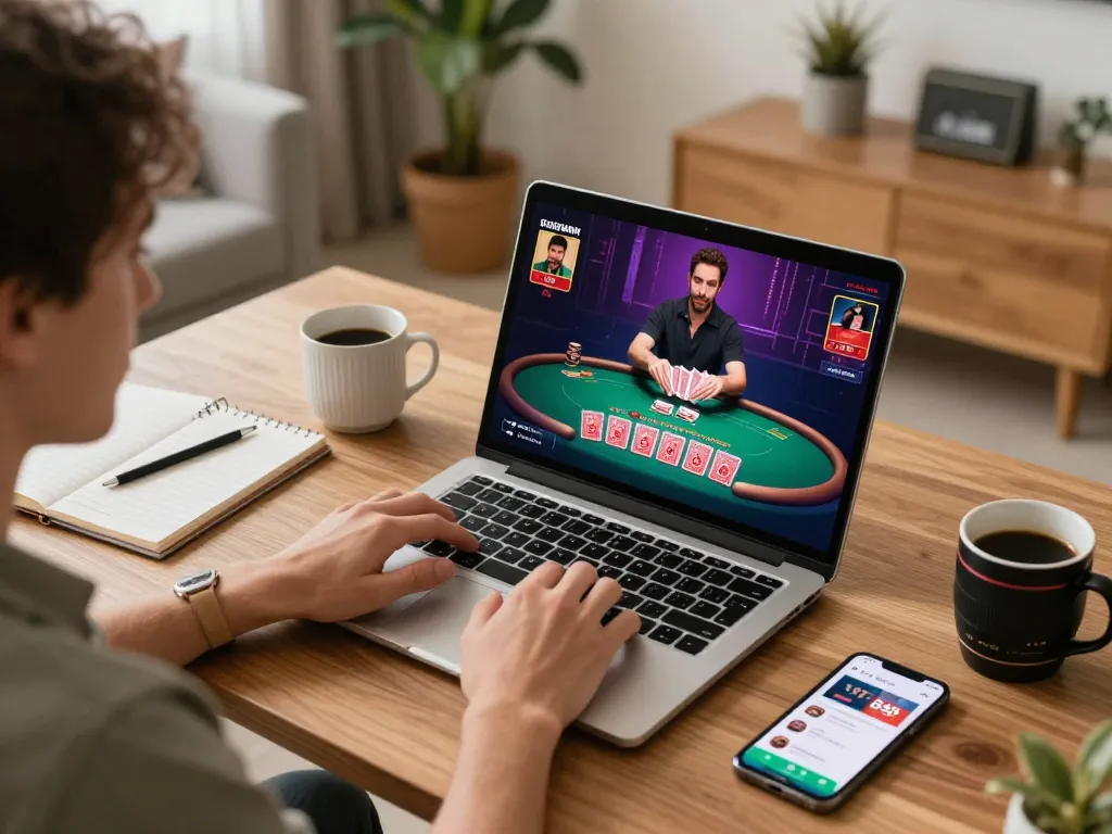 Engaged player using five88 to strategize in a home office while enjoying online blackjack