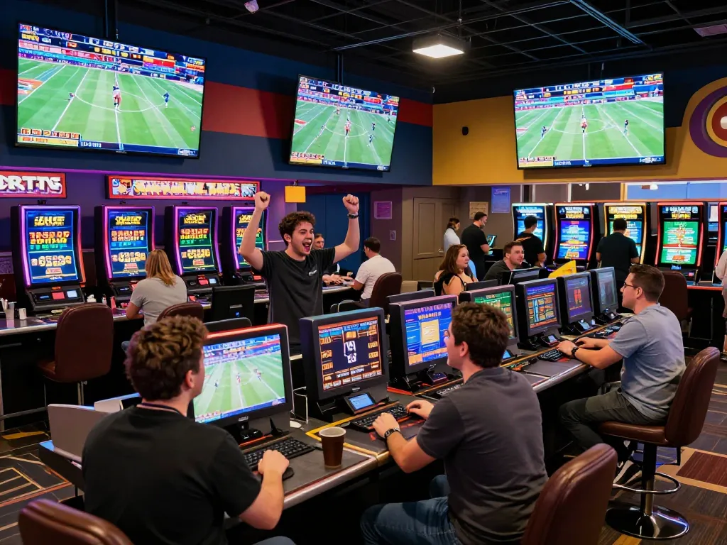 Betting action at sv368 sportsbook with excited gamblers placing wagers and celebrating wins.
