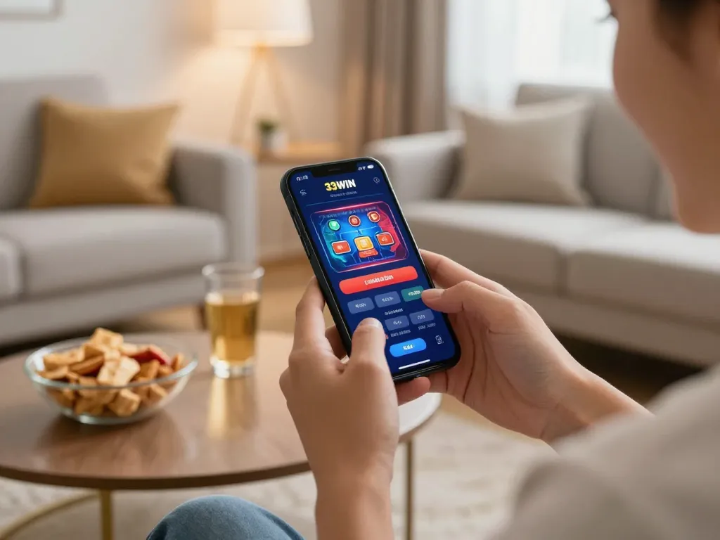 Engaging with 33WIN mobile casino app in a cozy home setting for responsible gaming.