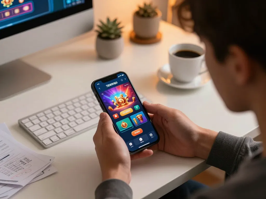 Exciting gameplay on the 78wingo casino app with a player strategizing in a modern home office.