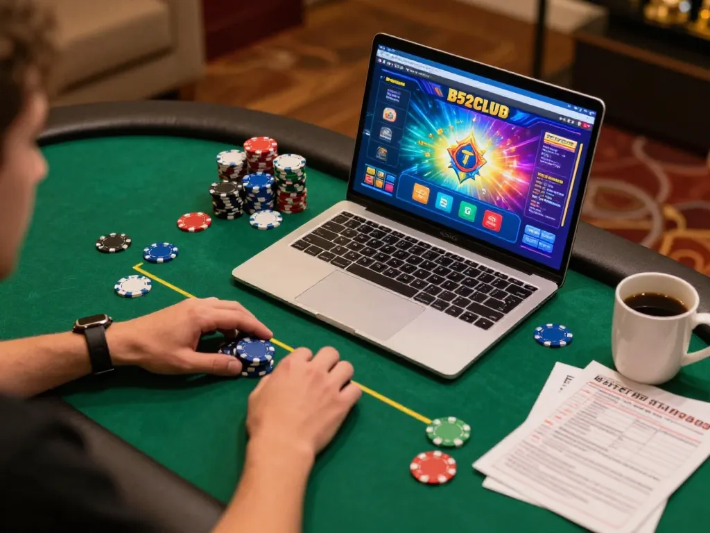 B52Club player engaged in an exciting online poker game, showcasing vibrant gameplay, cozy setup, and strategic elements.