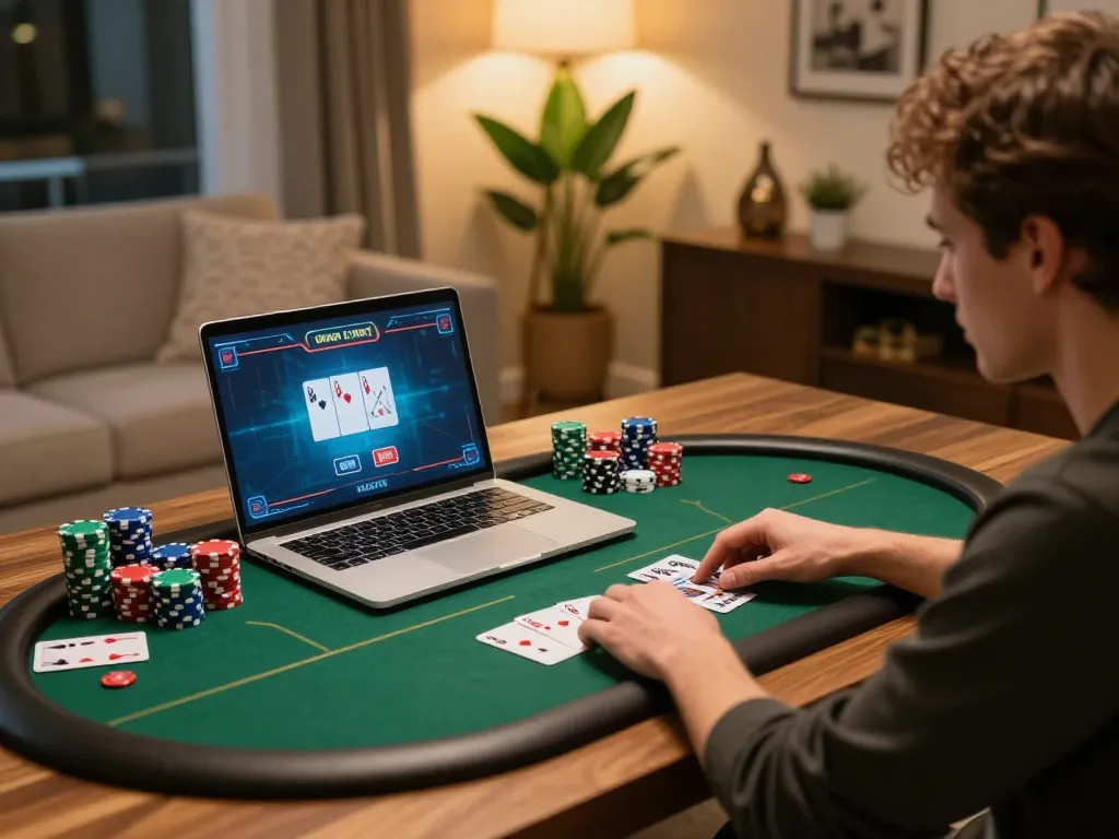 33win player strategizing in an online poker game at home, showcasing a focused and organized gaming setup.