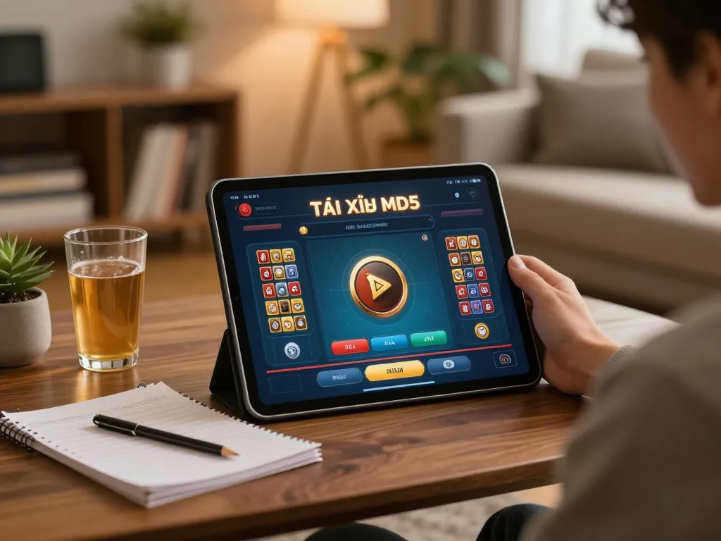 Engage with nhà cái tài xỉu md5 in a cozy home gaming environment, showcasing tablet gameplay.