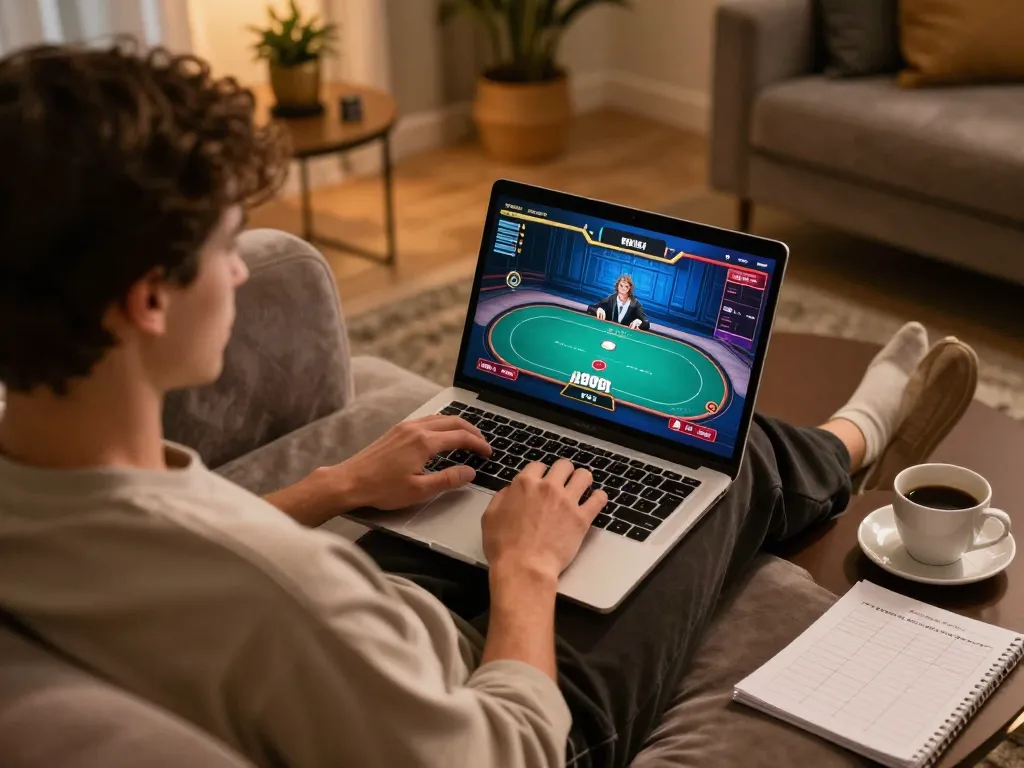 Engage in online poker gameplay with uk88 from a cozy living room setting, showcasing strategic home gambling.