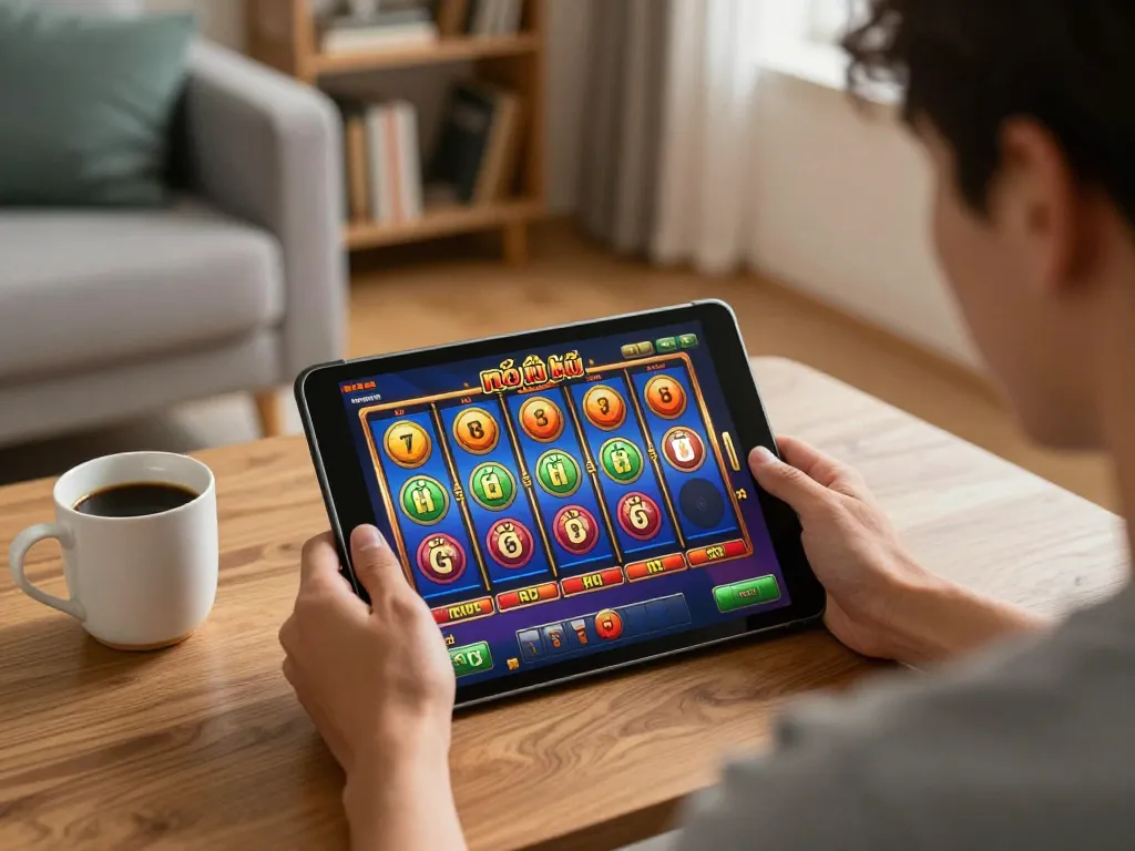 Player engaged in nổ hũ slot game on a tablet in a cozy home setting, highlighting responsible gambling.