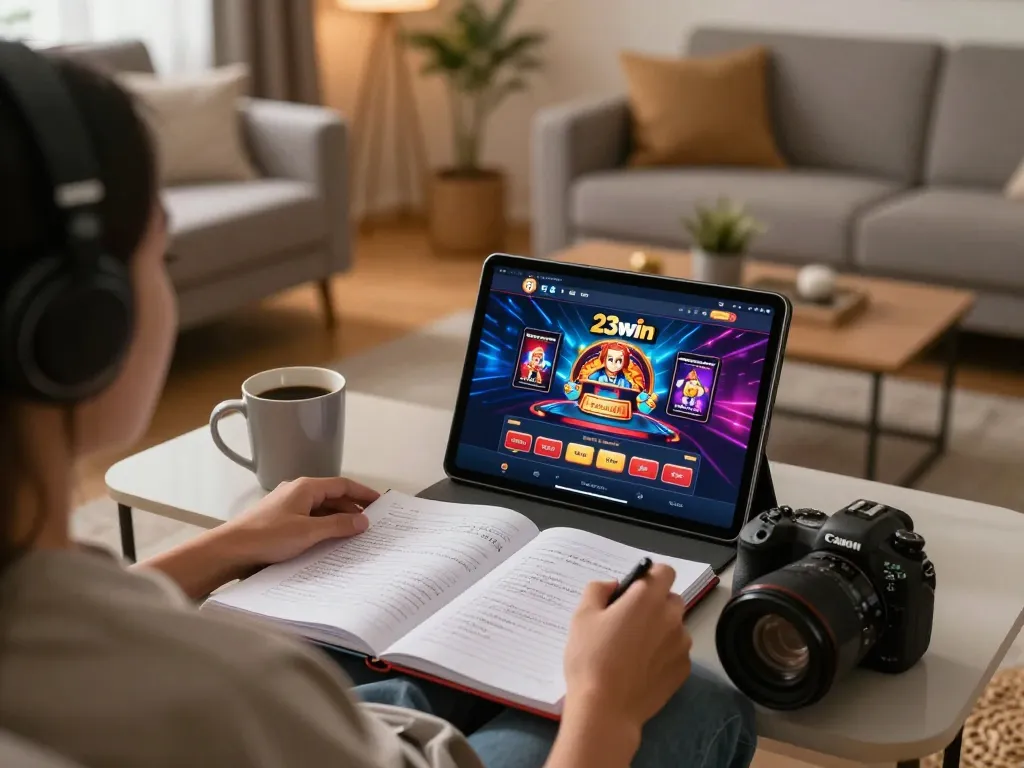 Person enjoying online gaming at home with 23win tablet app visible