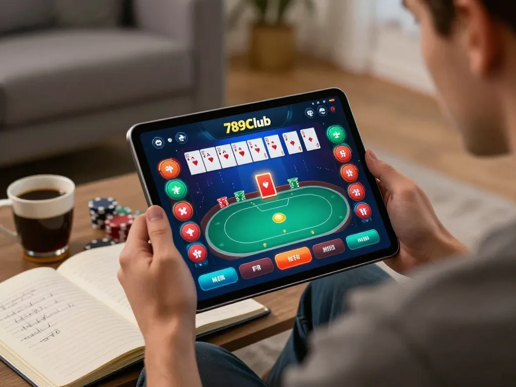Engaging with 789Club online gaming app while strategizing in a cozy living room.