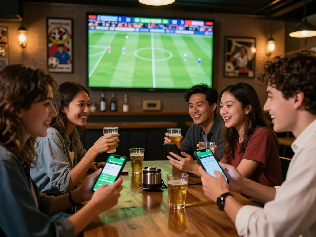 Friends placing bets through the keonhacaii88 app while enjoying a football match in a lively sports bar