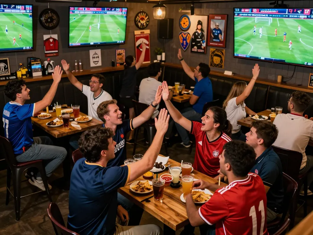 Experience trực tiếp bóng đá đội tuyển Việt Nam in a lively sports bar, fans celebrating goals together.