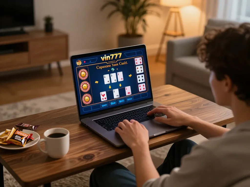 Engaging scene of a player enjoying vin777 casino games on laptop in a cozy home environment.