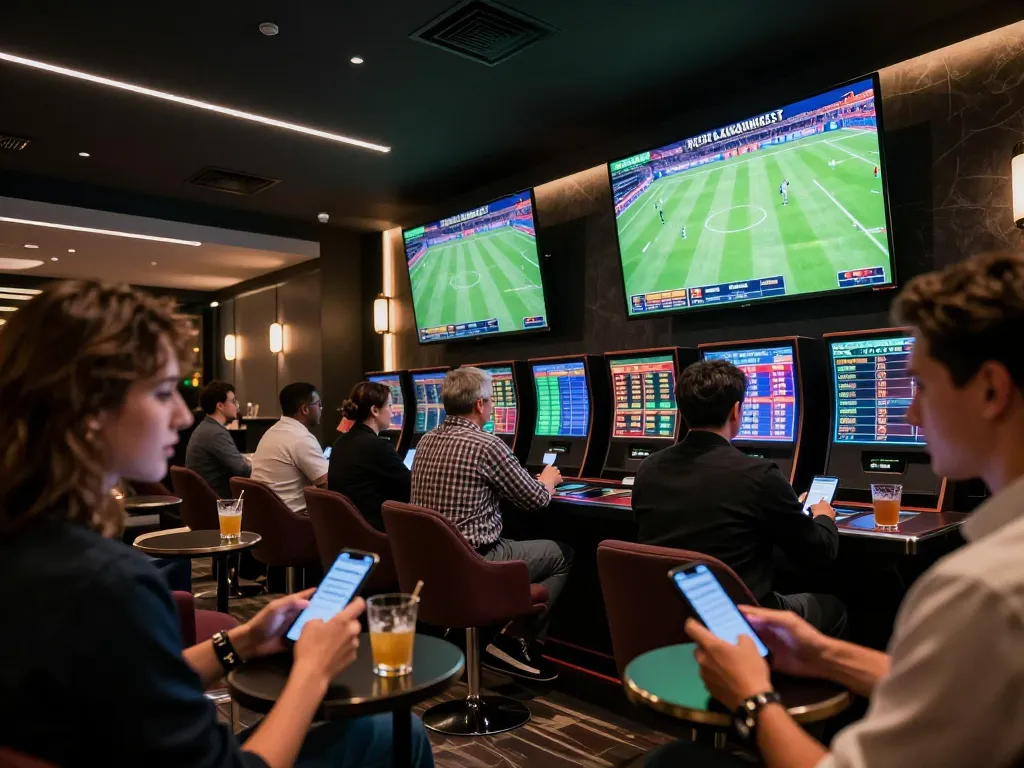 Soi keo in a stylish sports betting lounge with fans eagerly placing bets on live matches.