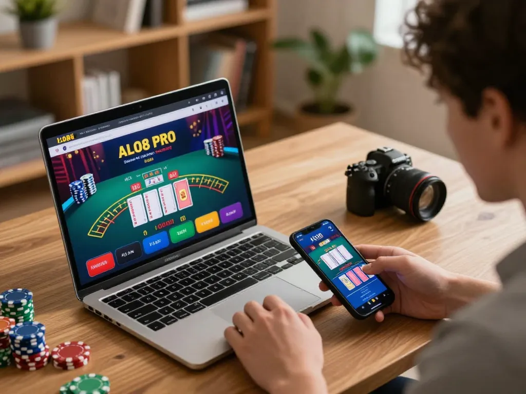 Player engaging with ALO8 PRO platform on laptop for strategic online gambling gameplay.