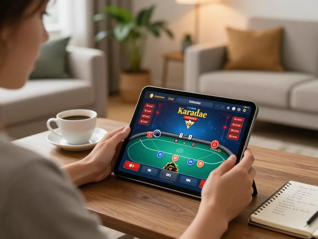 Enjoying a poker game on lv88 tablet while sipping coffee in a cozy home setup