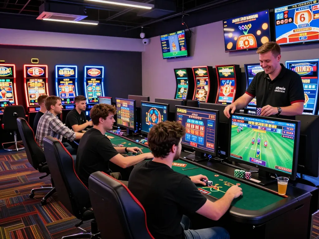 Engaging gaming experience at https://okwin68.net/ featuring diverse players in a modern casino lounge, vibrant atmosphere.