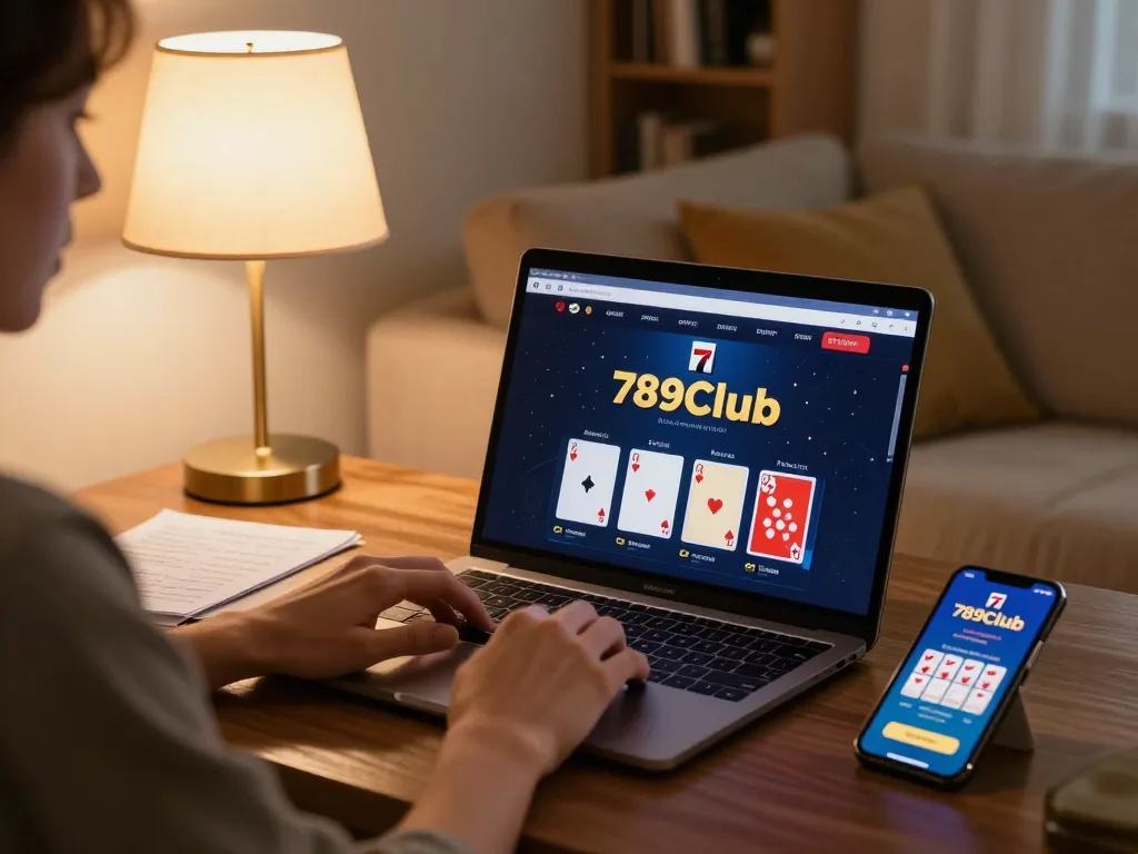 Player enjoying poker at 789Club on a laptop in a cozy home setting.