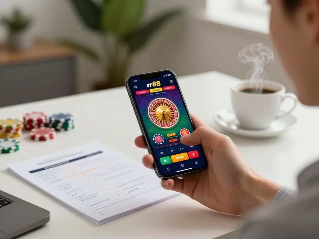 Engaging with rr88 casino app on smartphone, highlighting thrilling roulette gameplay and vibrant home environment.