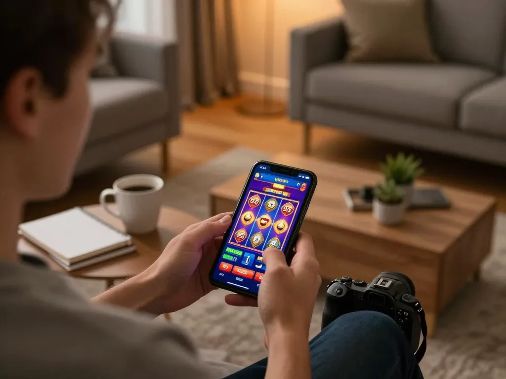 Player enjoying a slot game on 888b mobile app in a cozy living room setting.