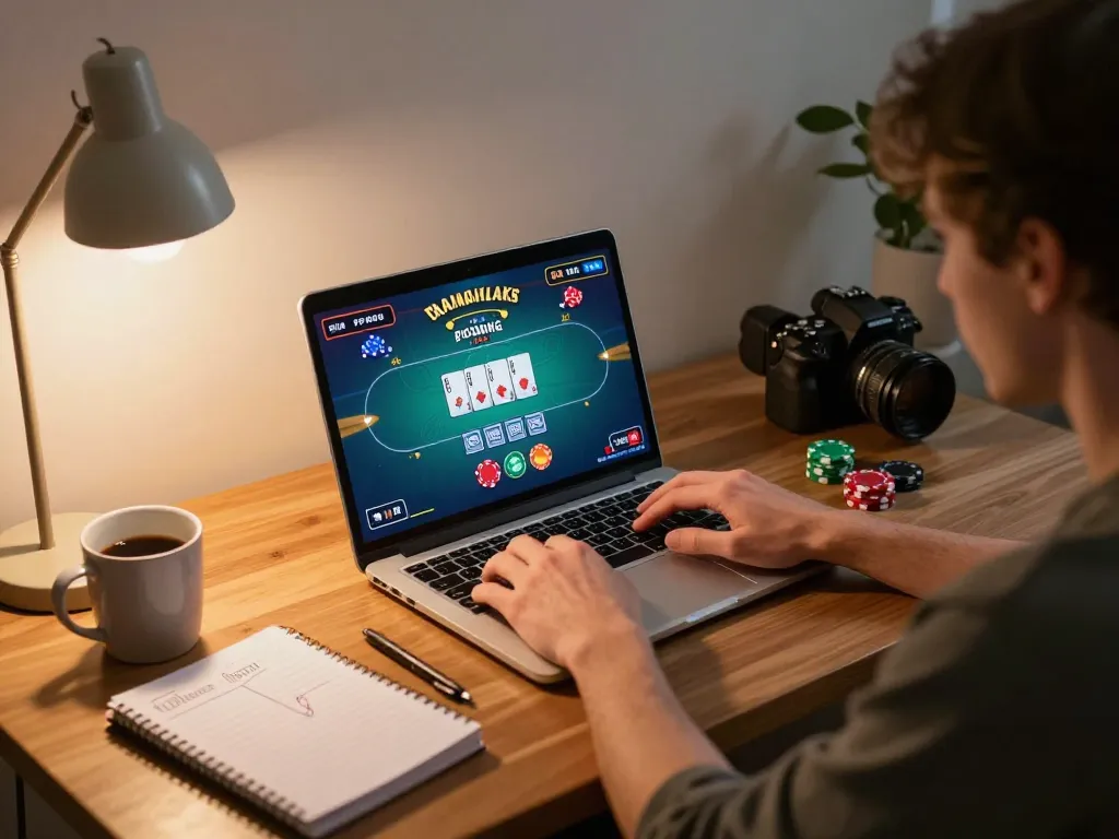 Engaging online gaming scene on trang chủ BL555 showcasing a person playing poker with strategy notes.