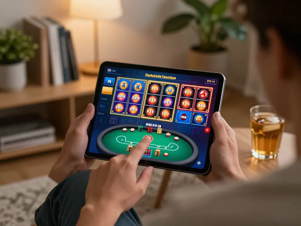 Player enjoying online casino games on 577F tablet in a cozy home setting, showcasing dynamic gameplay and engagement