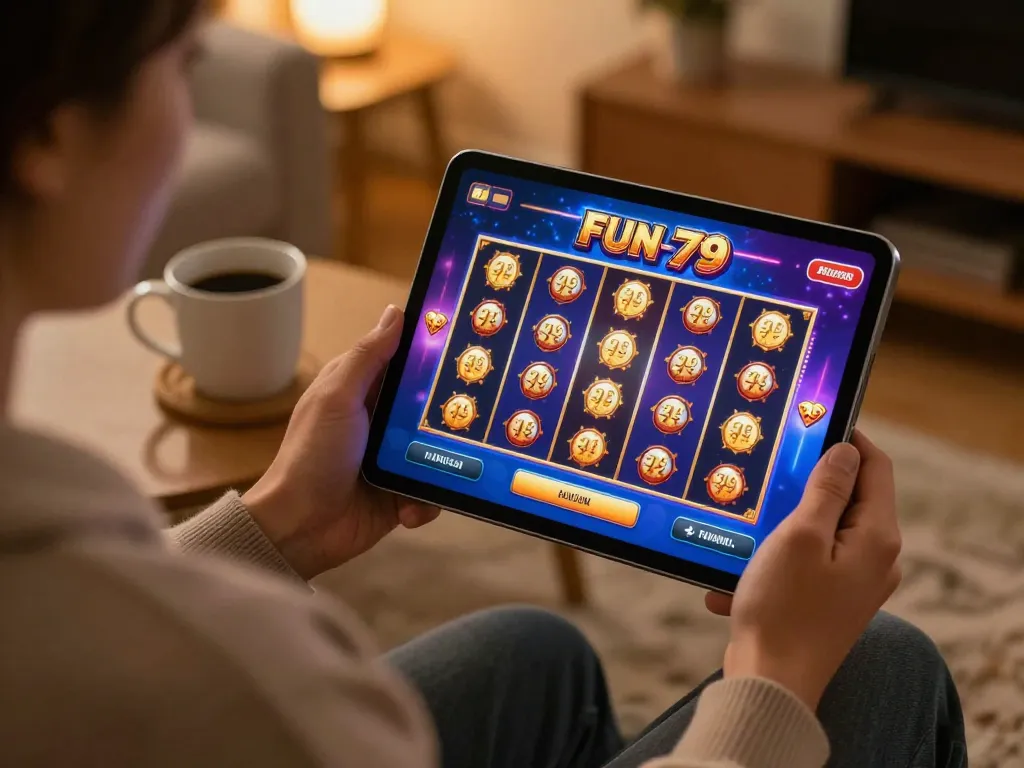Playing fun 79 online slots on a tablet in a cozy home setting