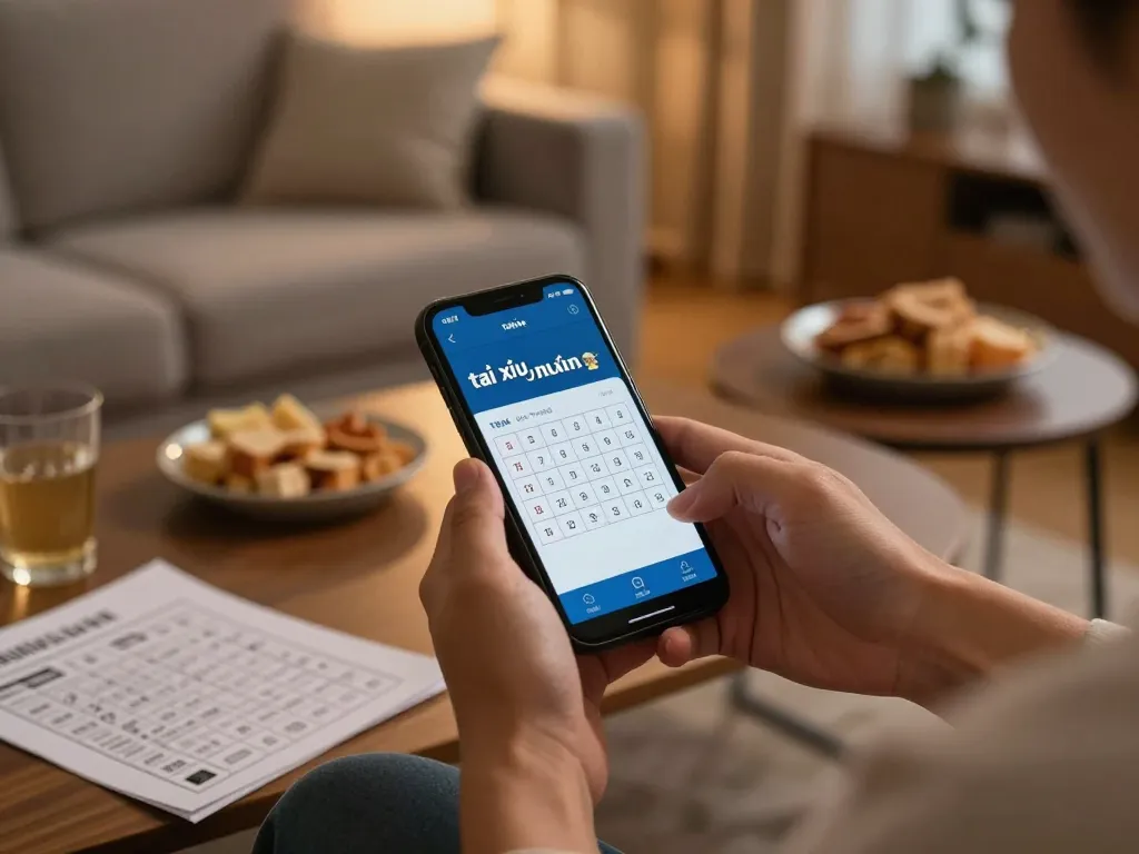 Engaging with an app tài xỉu online uy tín on a smartphone in a cozy home setting, promoting responsible gambling.