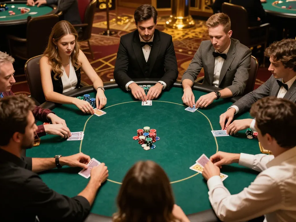 Players engaged in a strategic poker game at ga28, showcasing cards and chips in an upscale casino