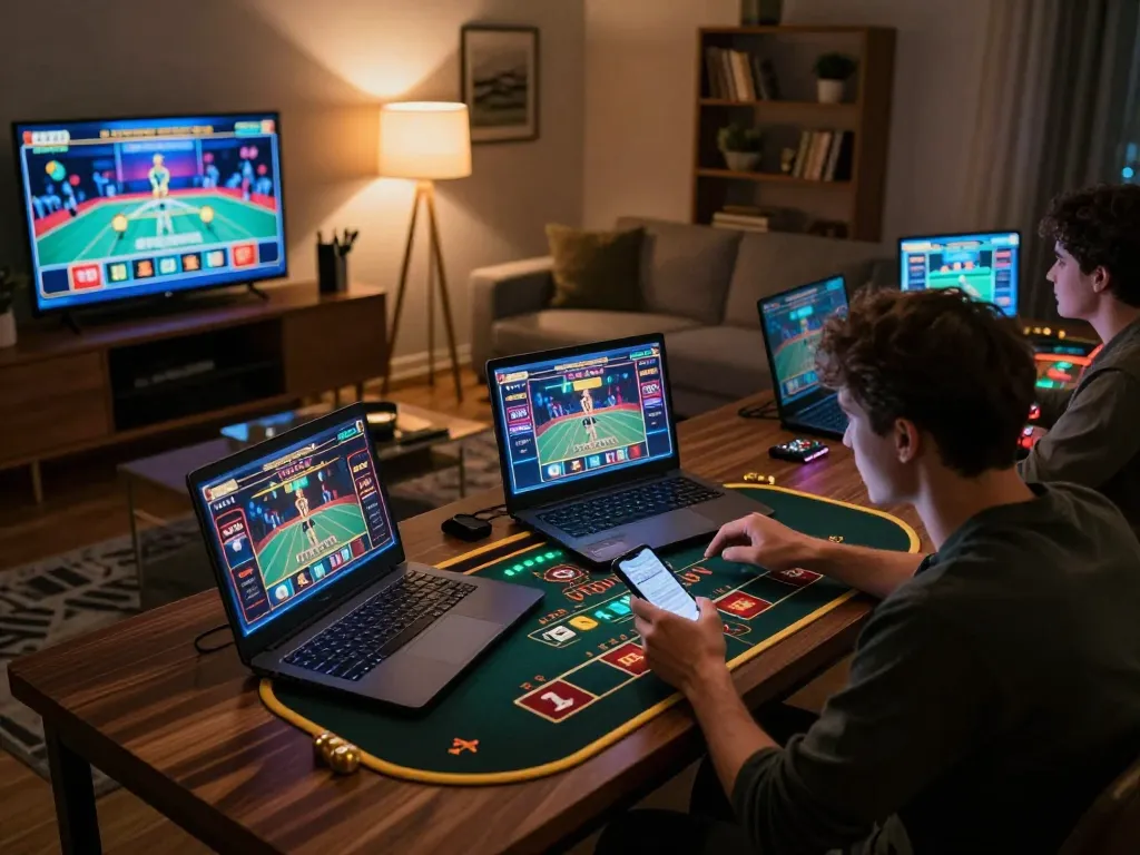 Twiin68 player engaged in live dealer games on laptop and smartphone in a stylish home setup.