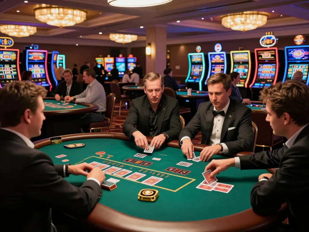LUCK8 BET action at a blackjack table with players watching cards being dealt in a vibrant casino atmosphere